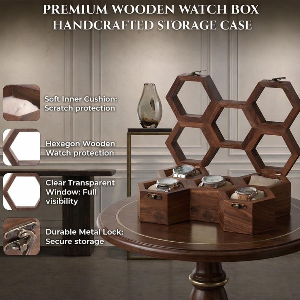 Royal Craft Expertise Caja organizadora de relojes de madera para hombre, 5 ranuras, caja de reloj de lujo de panal | Caja de exhibición de madera de palisandro oscuro y vidrio | Elegante caja de