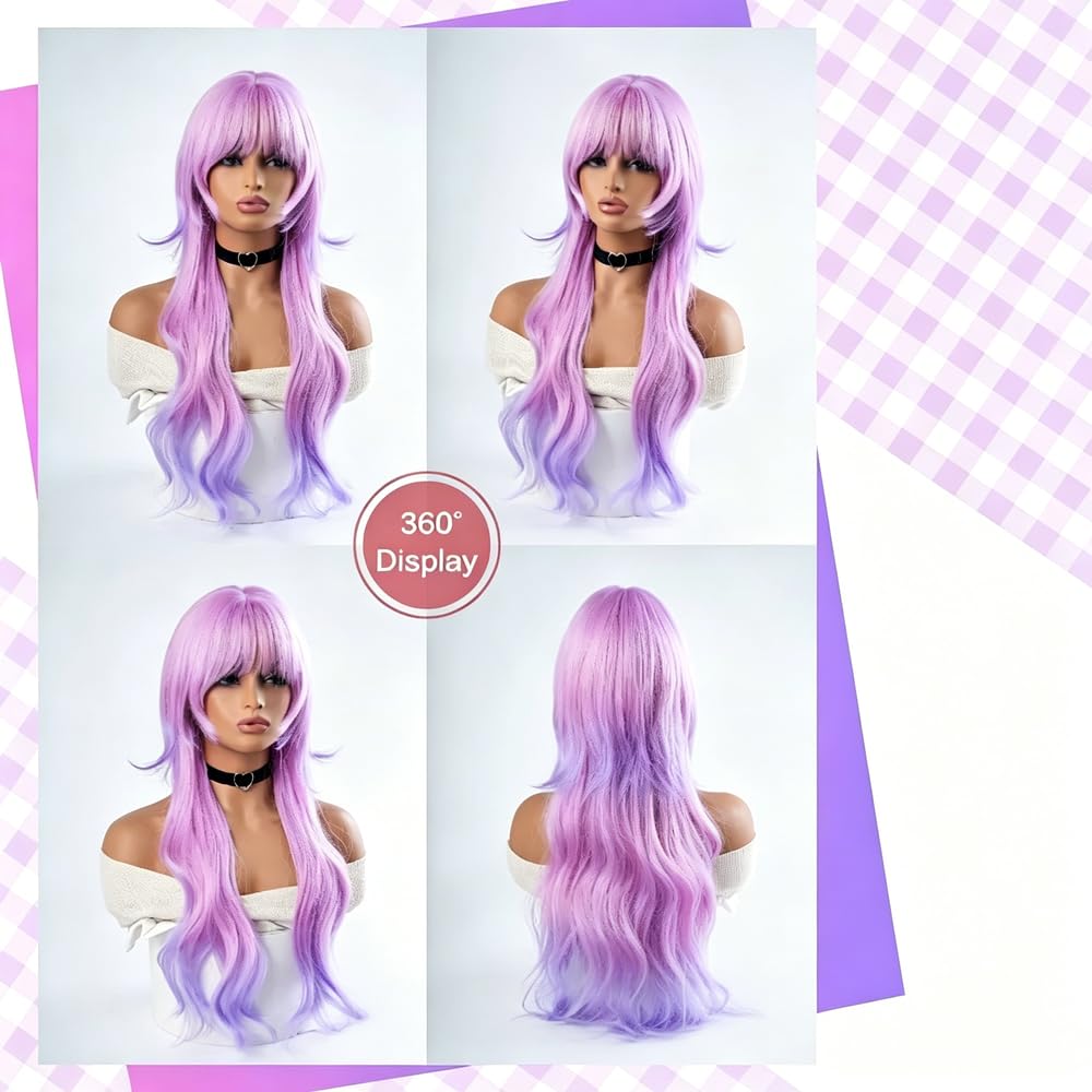Haarpflege 28 Zoll Verträumter Stil Rosa Lila Farbverlauf Perücken Mit Pony Lange Natürliche Gewellte Haarperücke Für Frauen Cosplay Hitzebeständig