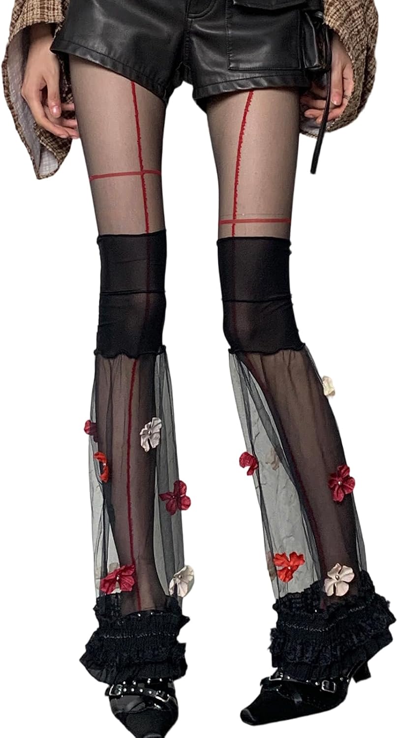 Women Mesh Leg Warmers 3D Flowers Y2K Summer Leg Sleeves Ruffle Cute Party Long Socks