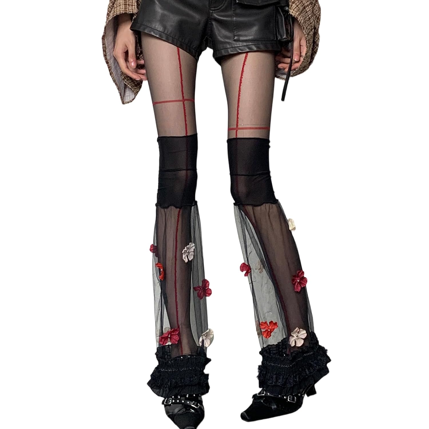 Women Mesh Leg Warmers 3D Flowers Y2K Summer Leg Sleeves Ruffle Cute Party Long Socks