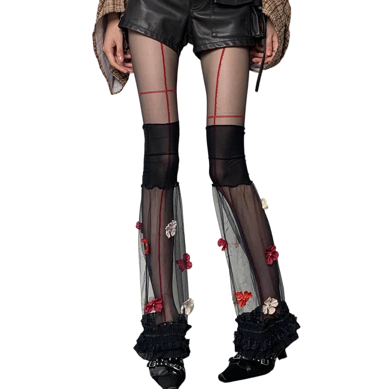 Women Mesh Leg Warmers 3D Flowers Y2K Summer Leg Sleeves Ruffle Cute Party Long Socks