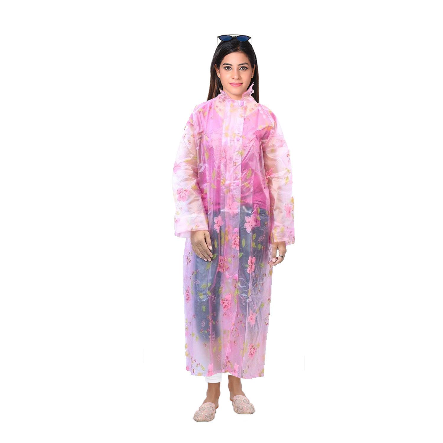 devil Transparent Pink Flora Girl's Raincoat with Hidden Collar Pocket for Cap (Pink Transparent)-picture-49