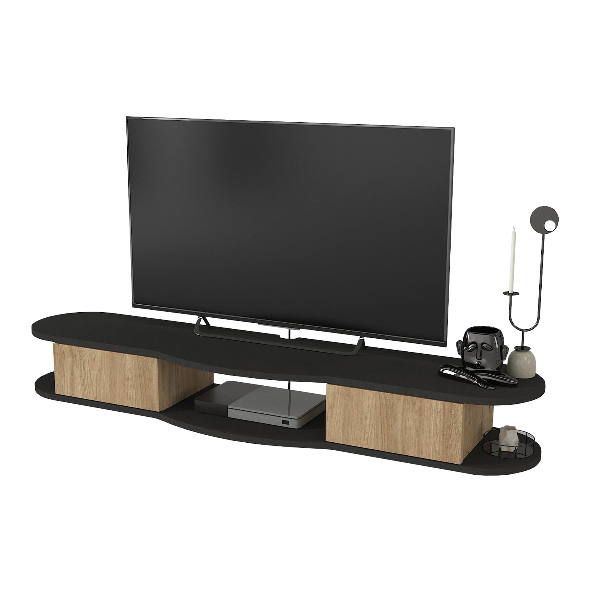 [en.casa] Mobile Porta TV da Parete a 2 Scomparti Chiusi da Ante a Ribalta Vano Aperto Mensola Sospesa Stand Multimediale con Fori Passacavi 150x35x19 cm - Antracite/Effetto Rovere
