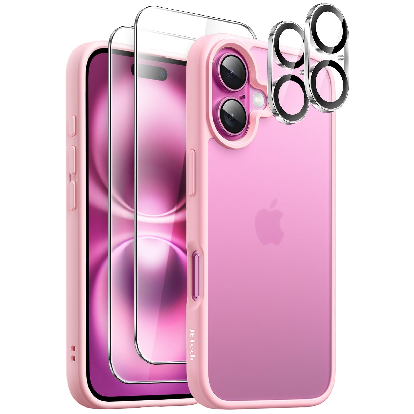 JETech 5 in 1 Matte Case for iPhone 16 6.1-Inch with 2-Pack Each Tempered Glass Screen Protector and Camera Lens Protector