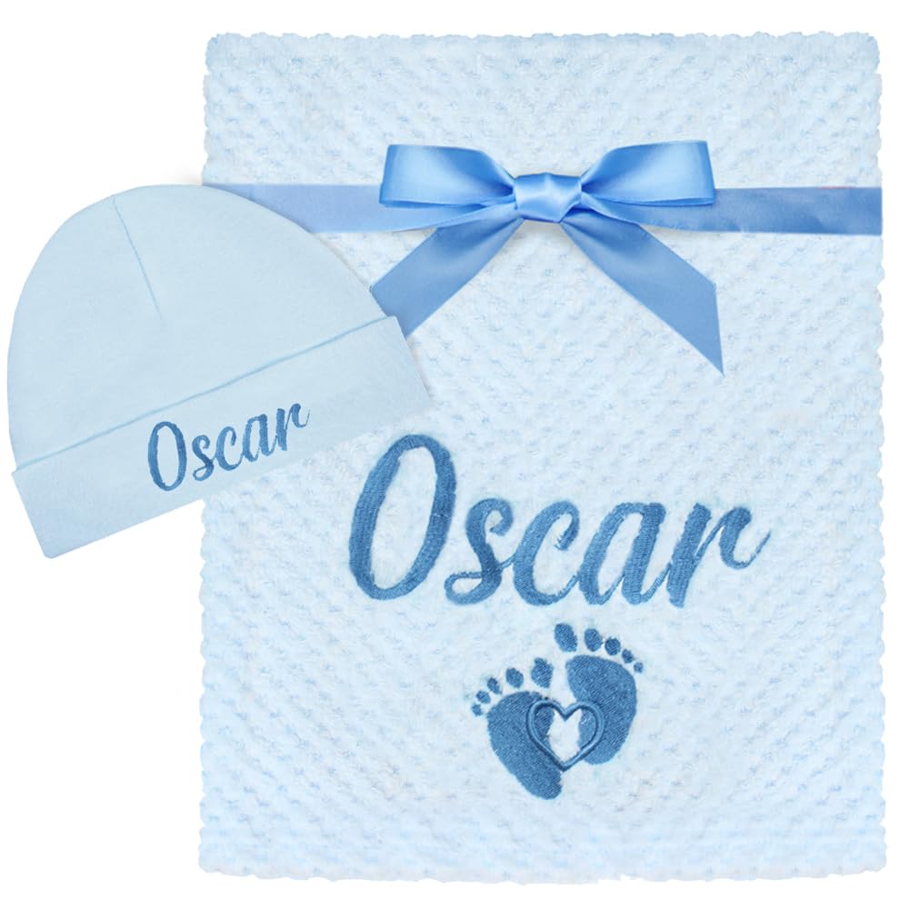 Teddyt's Men's Baby Blue Personalised Embroidered Footprint Fluffy Waffle Blanket & Baby Hat In Pink & Blue (Uk, Age, 6 Months, 12 Months, )