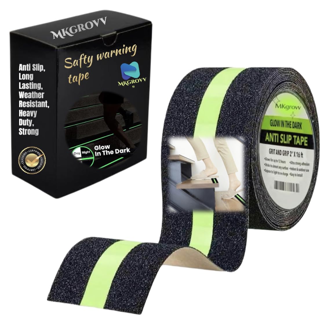 MKgrovv High Anti Slip Grip Tape Non-Slip Traction Tapes with Night Glow in Dark Anti-Skid Tape for Stairs Tread Step and Slippery Surfaces - Keeps You Safe, 2 Inch x 16.4 Foot (B0CKQZPBMT) Amazon Price History, Amazon Price Tracker