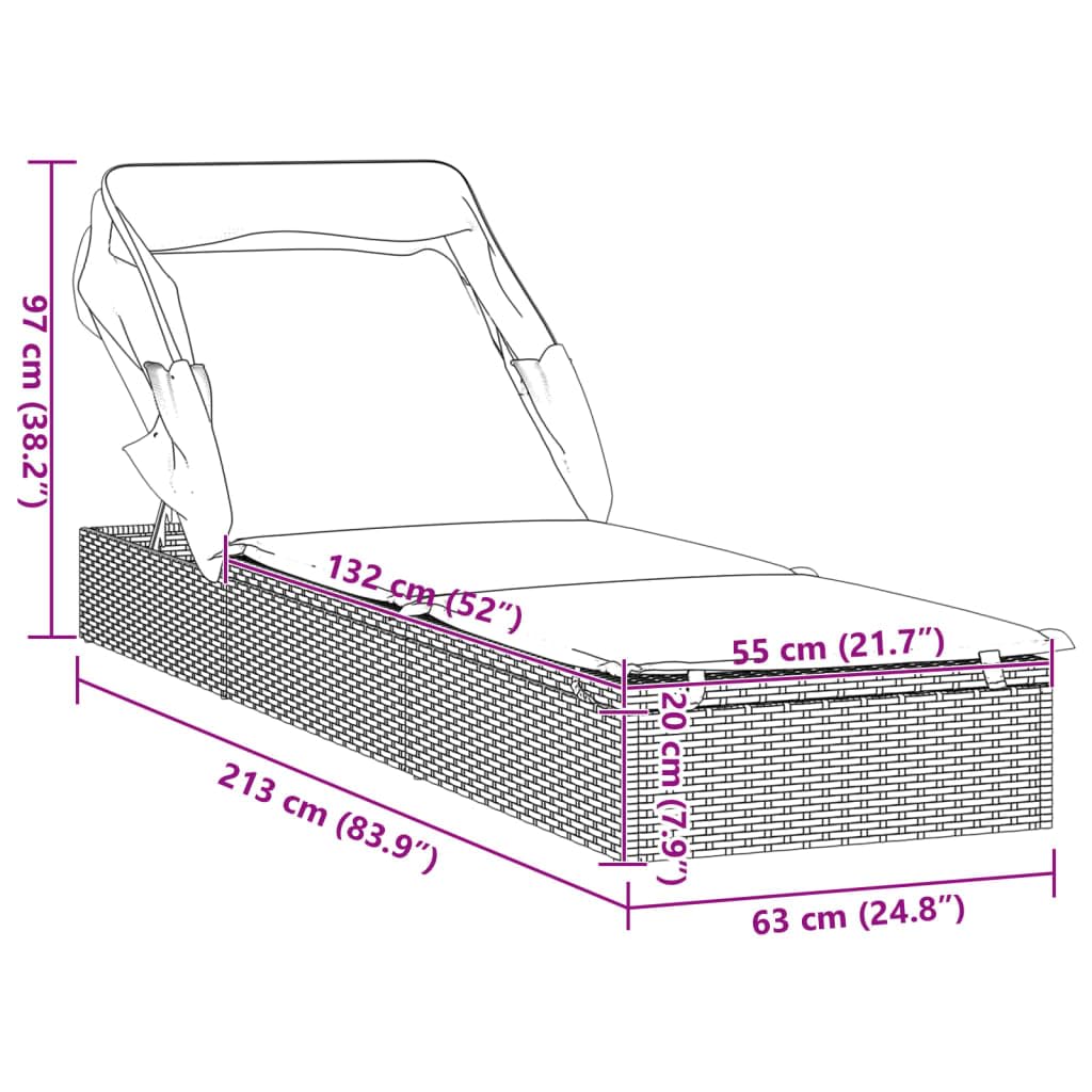 vidaXL Sonnenliege mit Faltdach Schwarz 213x63x97 cm Poly Rattan