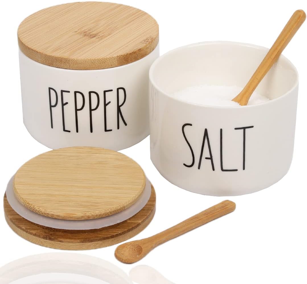 VICUKIE Farmhouse Salt And Pepper Bowls, Stacked Ceramic Salt Cellar With Bamboo Lid, Salt Container With Lid And Spoon, Modern Farmhouse Kitchen Decor, Salt Box