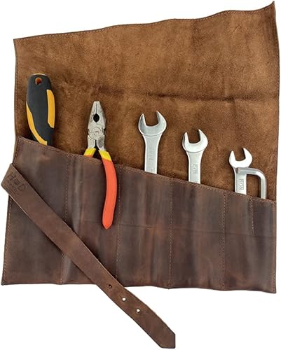 Miniatura 7 de Hide & Drink, Bolsa enrollable grande de cuero rústico (6 ranuras), bolsa de transporte portátil, organizador de herramientas de carpintería,