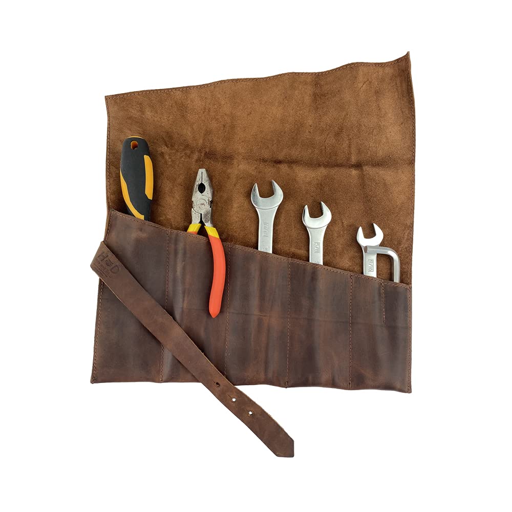 Hide & Drink, Large Tool Roll Up Bag (6 Slots), Portable Carry-On Pouch, Workshop Storage, Woodworking Tools Organizer, Full Grain Leather, Handmade, Bourbon Brown