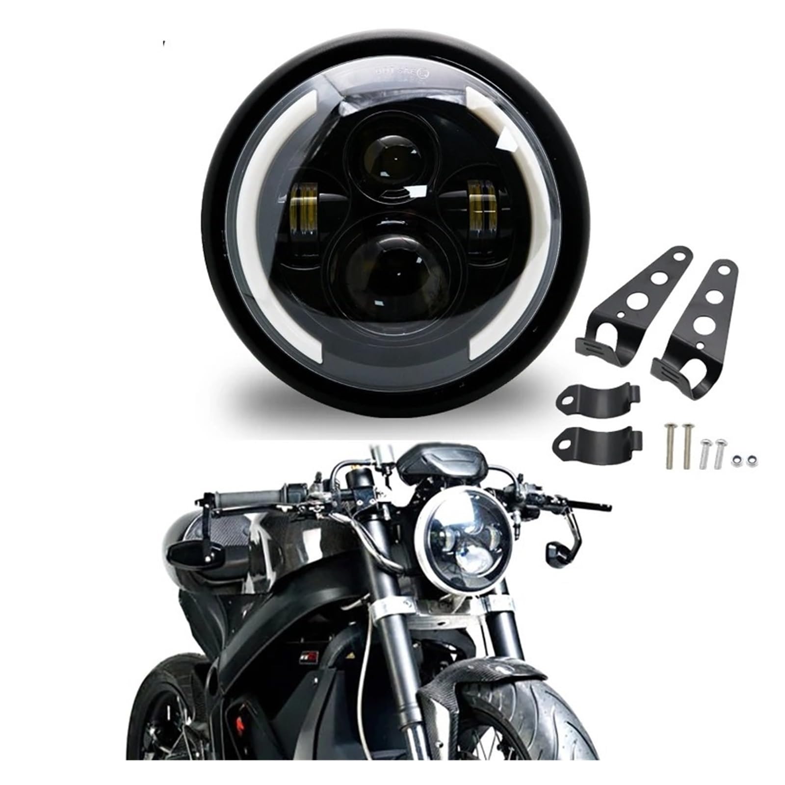 Faro Universale Modificato Da 7,5 Pollici A LED Retrò Per Motocicletta Fascio Hi/Lo DRL E Alloggiamento Nero Opaco Con Staffa Fanale Anteriore Moto(Light and housing)