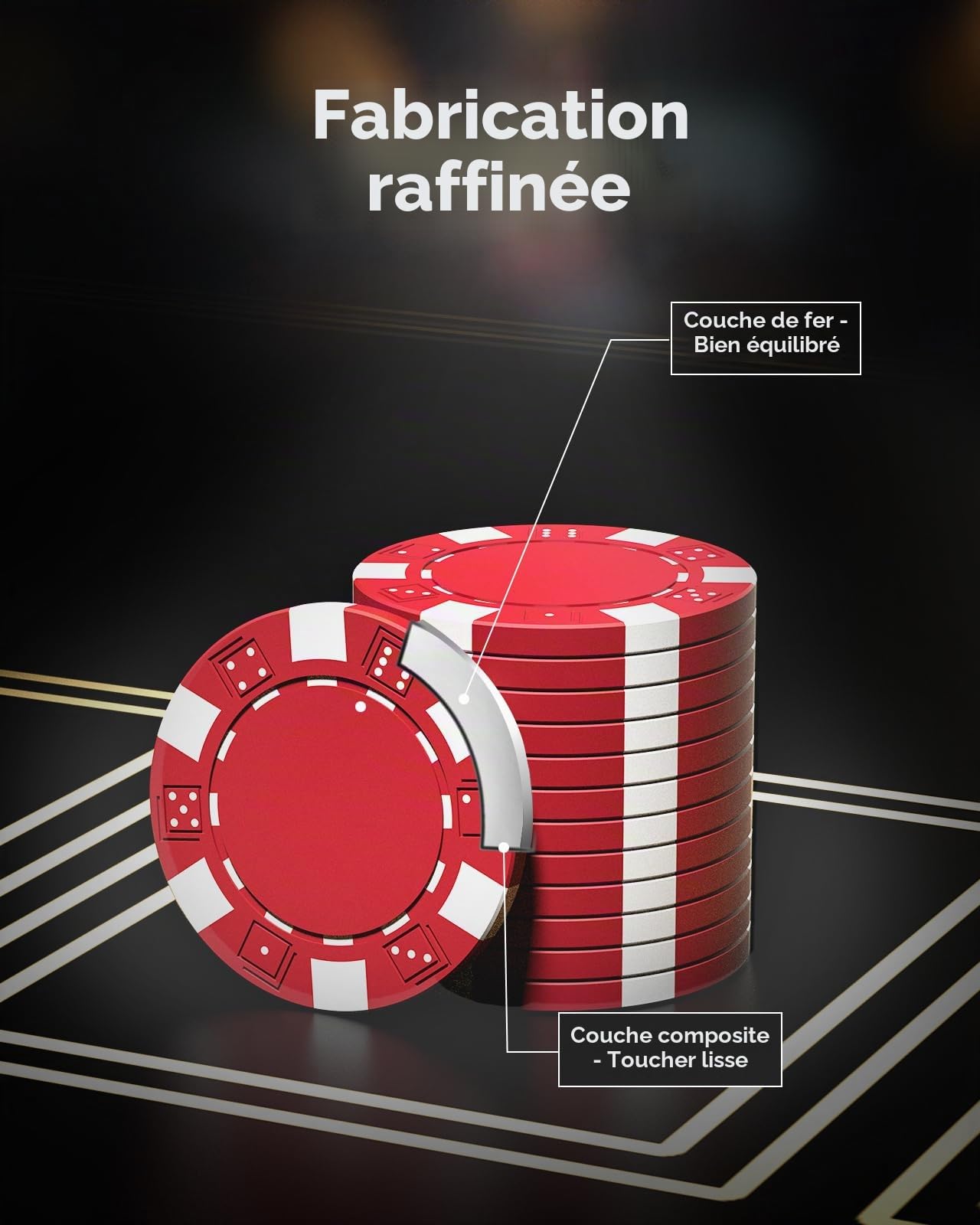 HEITOK Mallette Poker 500 Jetons sans Valeur 11.5g Fer Jeu de Poker Casino | mises libres par couleur, 2-10 joueurs, cartes papier, 5 dés, Dealer/Blind, règles maison, cave, points, side pots