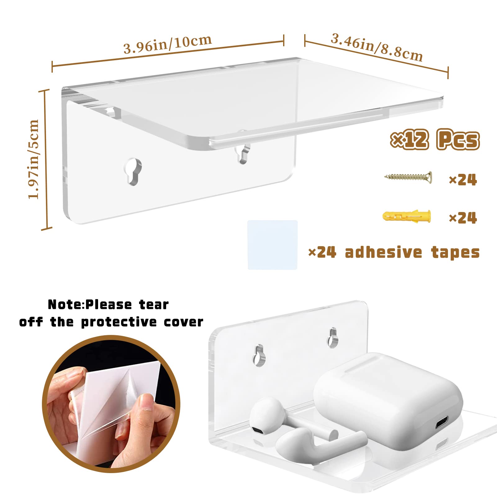 LASZOLA 12 Pack Small Acrylic Floating Wall Shelves with Adhesive Tape and Screw, Wall Mounted Adhesive Display Shelf Clear Acrylic Display Stand for Plants Amiibo Funko POP Figures Bathroom