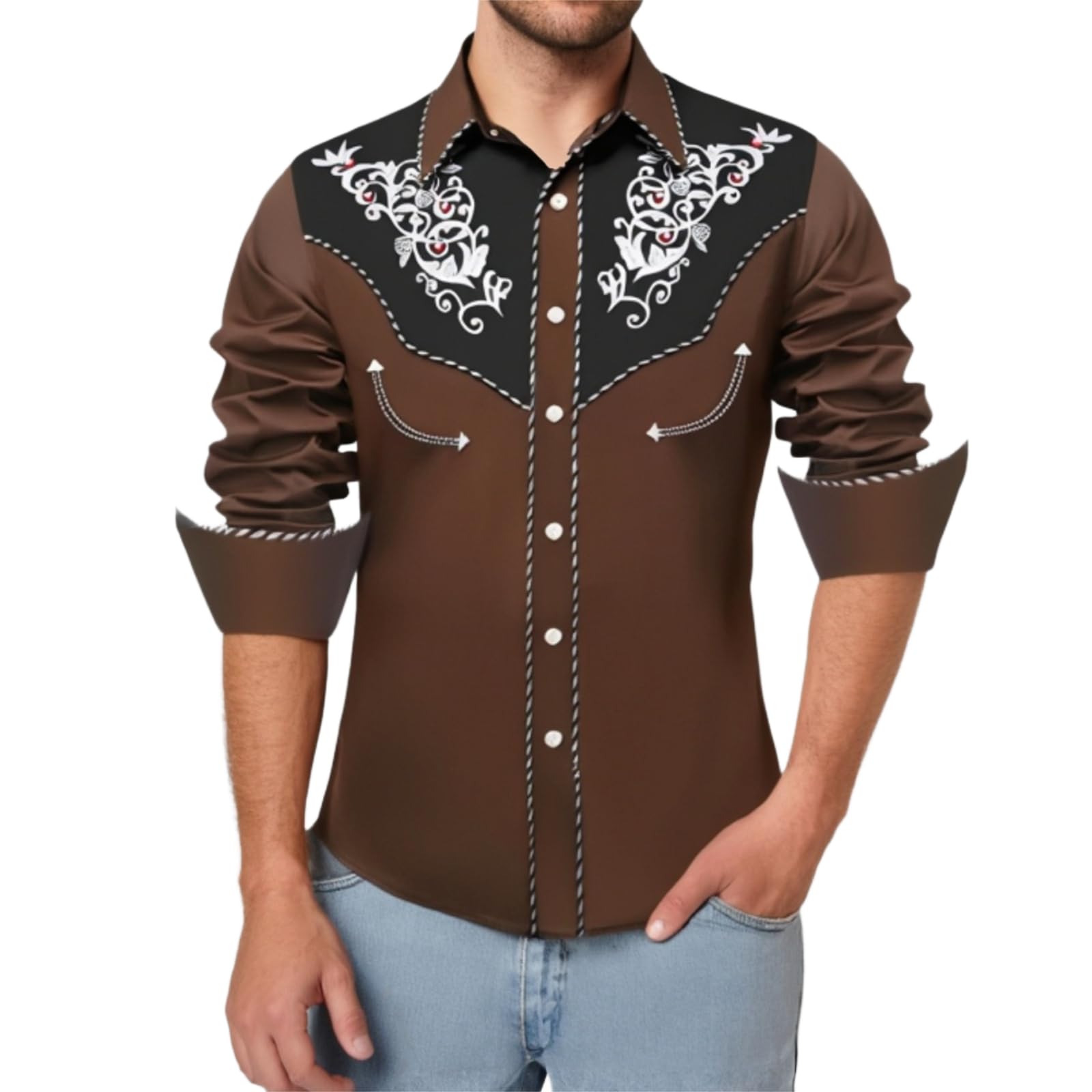 KISSQIQI Camicia Uomo Western Cowboy Con Ricami – Maniche Lunghe, Slim Fit, Vestibilità Comoda
