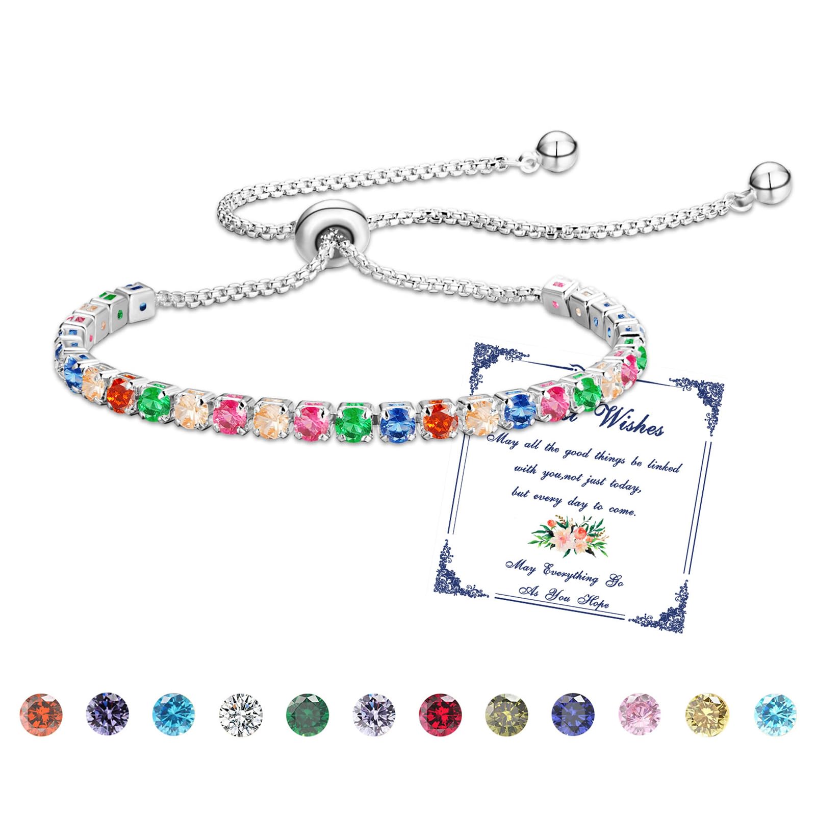 Esmoly Bracciale Donna Argento Bracciale Tennis con 12 Colori di Pietre Natali e 5A Sparkle Zircone Regolabile Regalo Compleanno Donna Ragazza