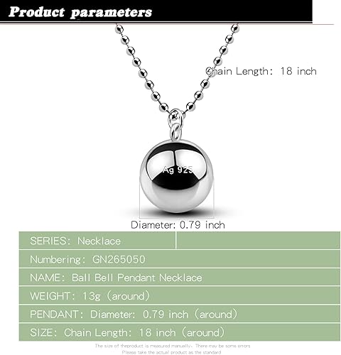 Miniatura 4 de Collar de bola de armonía de plata de ley 925 con dije de bola brillante de 0.787 in, gargantilla de 18 pulgadas, 20 pulgadas, 22 pulgadas, 24
