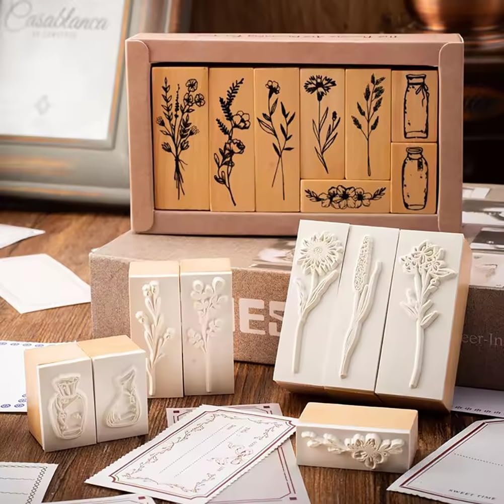 Wooden Rubber Stamp Set, 8Pcs Plant & Flower Decorative Wood Mounted Rubber Stamps Set, Multipurpose Vintage Rubber Seal for DIY Craft, Planners,Journals,Letters Diary and Scrapbooking (Type A)