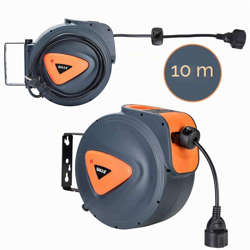 BAKAJI Enrouleur de câble électrique avec câble 10 m, prise Shucko, fixation murale, système de verrouillage automatique, gain de place, accessoire enrouleur de tuyau, rallonge électrique