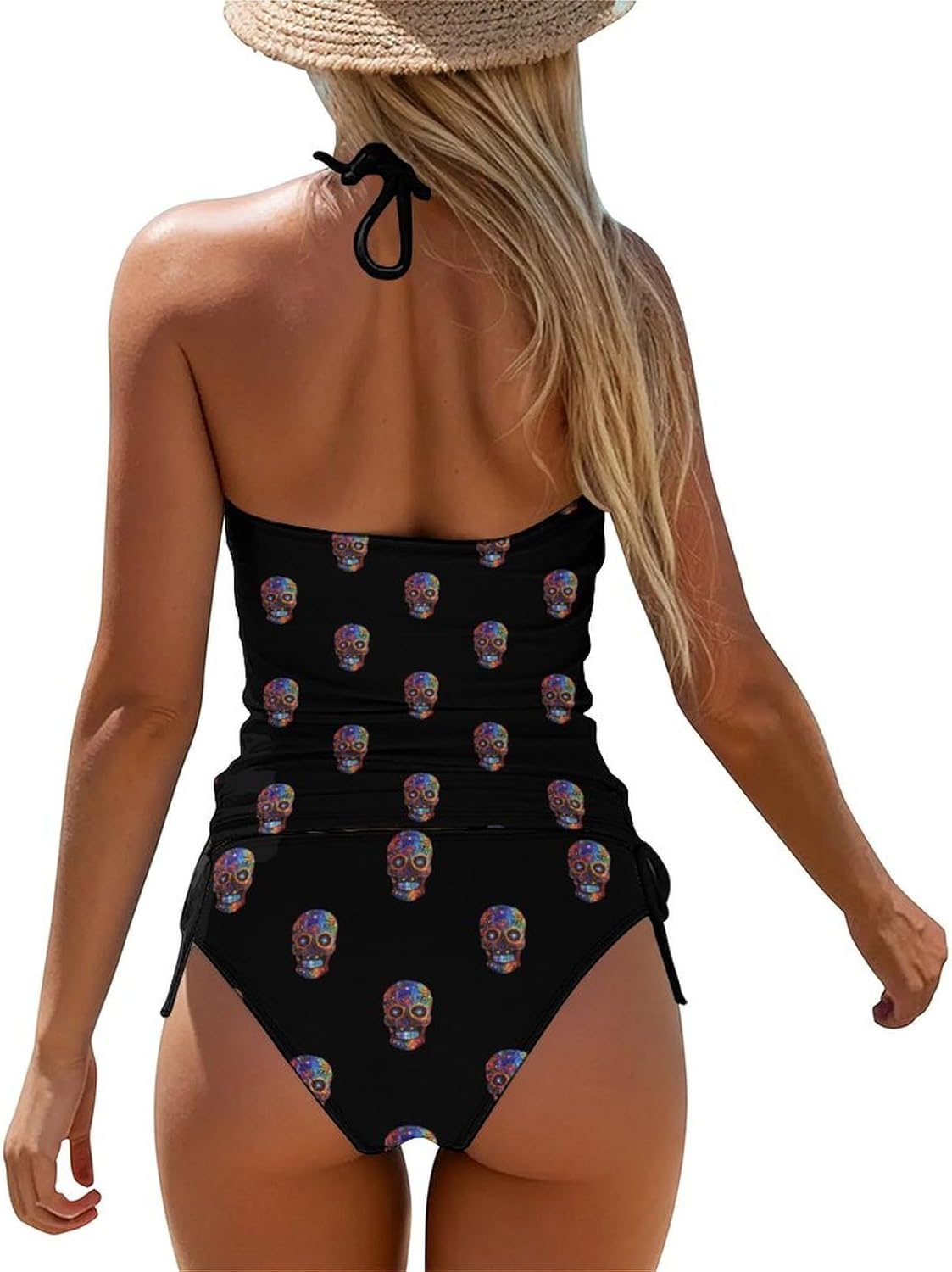 Mexicana Sugar Skull Women's Tankini Swimsuit Two Piece Tummy Control Bathing Suits Tie String Swimwear