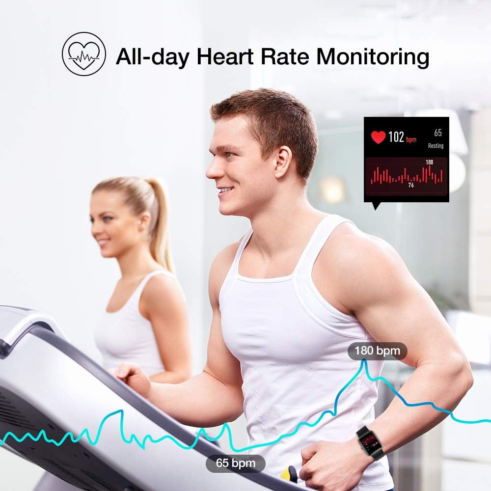 A man and woman on a treadmill, with the UMIDIGI Uwatch3 Smart Watch on the man's wrist, showing a heart rate graph and current BPM.