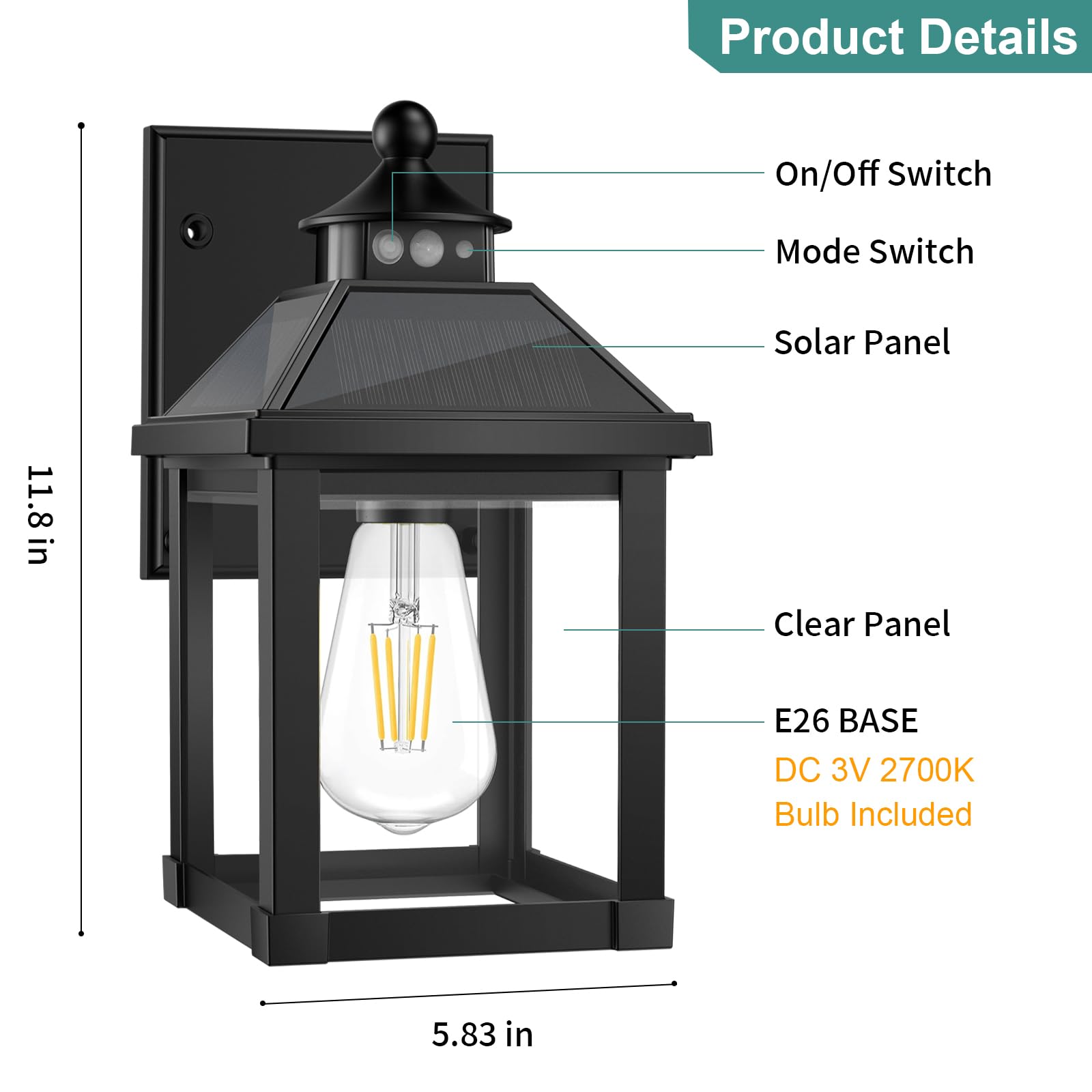 AEQ Solar Veranda Lichter Außen, Solar Wandleuchte Außen mit Bewegungssensor, Wasserdichte Wandleuchte mit Klarem Panel für Garage, Veranda, Hof, Haustür
