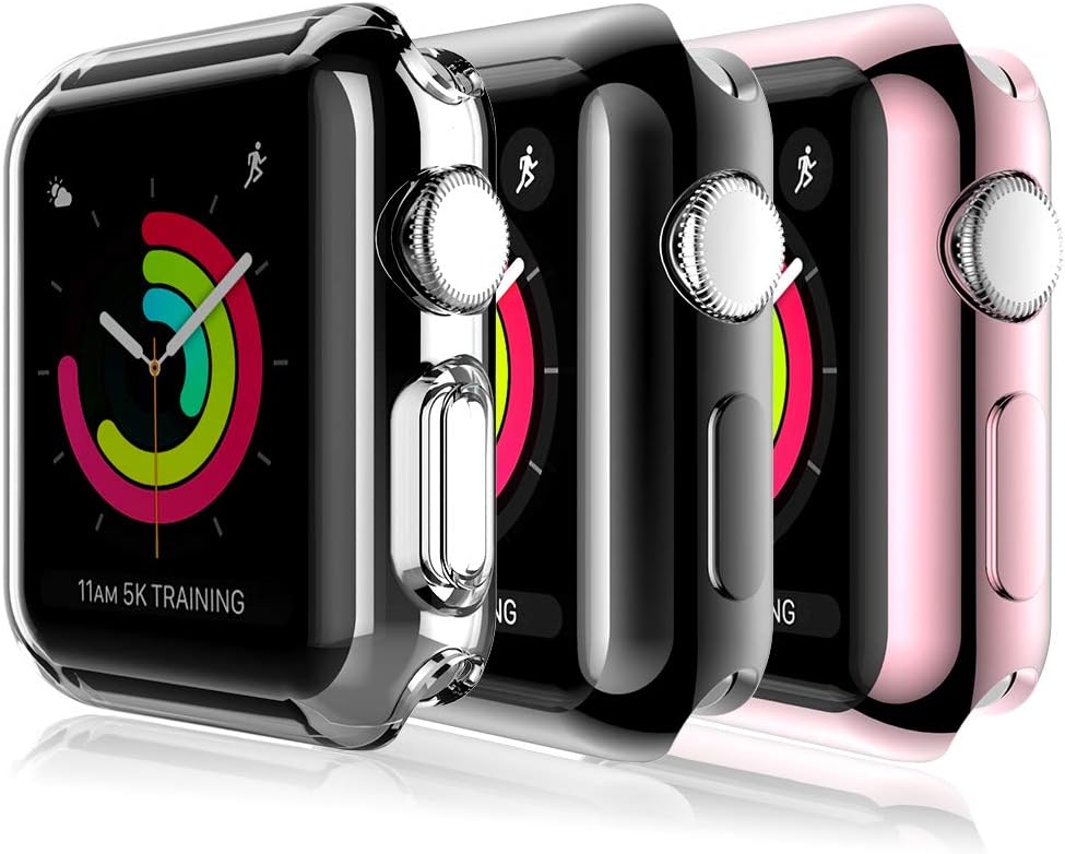 [3 Pack] L K Case for Apple Watch 42mm Series 2 3 with Built-in TPU Screen Protector iWatch All Around Protective Case HD Clear Slim Thin TPU Cover (Clear, Black, Rose Gold)