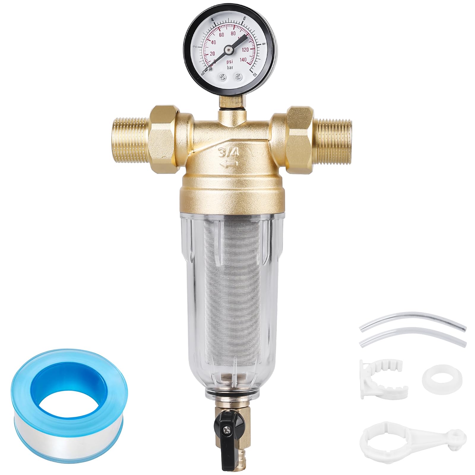 Filtre à eau réutilisable : filtre à eau de 2,5 cm, filtre à eau, pré-filtre à sédiments, combinaison de filtres avec adaptateur 3/4", pré-filtre lavable pour raccordement à la maison de la