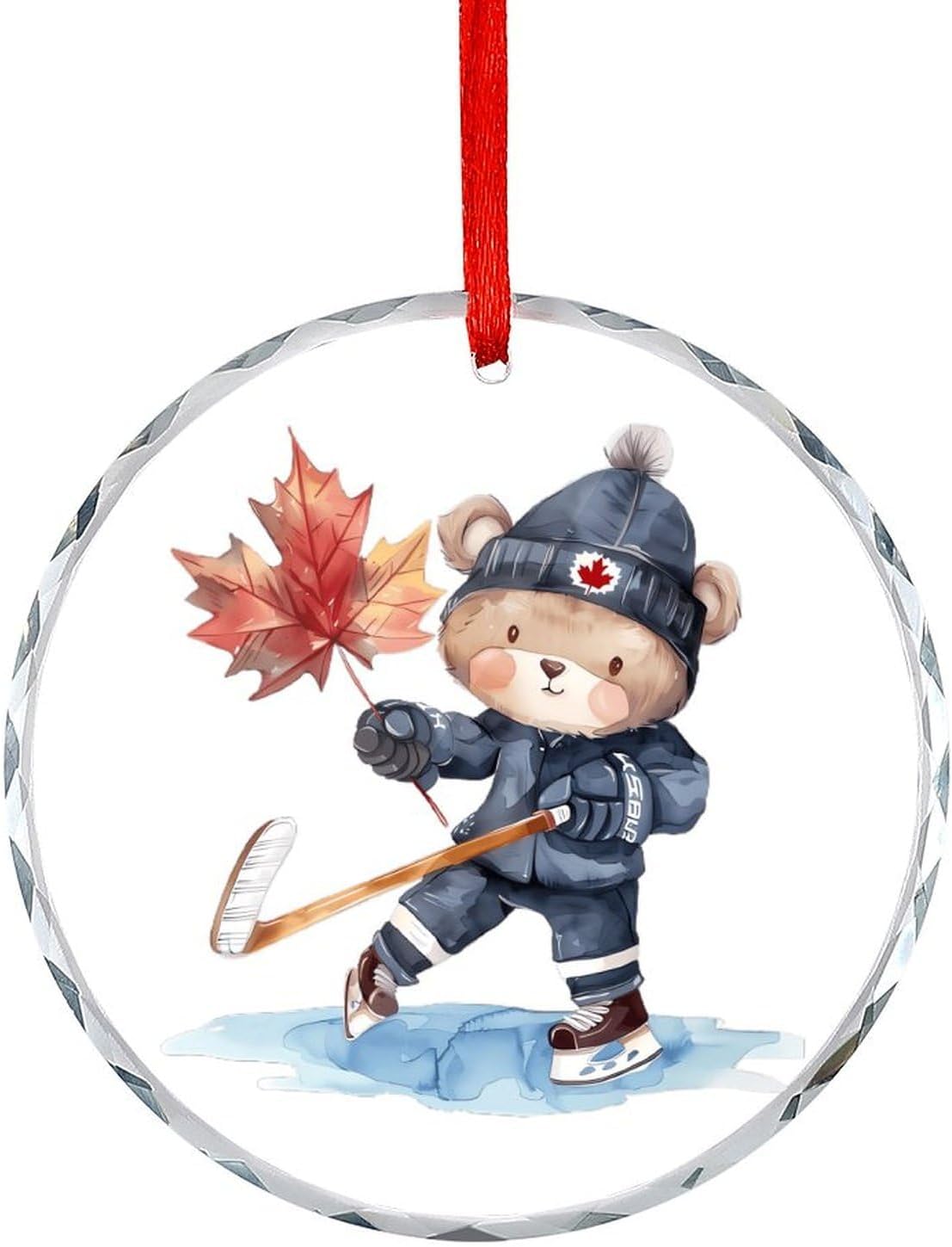 Canada Cute Bear Hockey Round Christmas Ornaments Crystal Hanging Pendant Souvenir Gifts for Xmas Tree Wedding Decoration