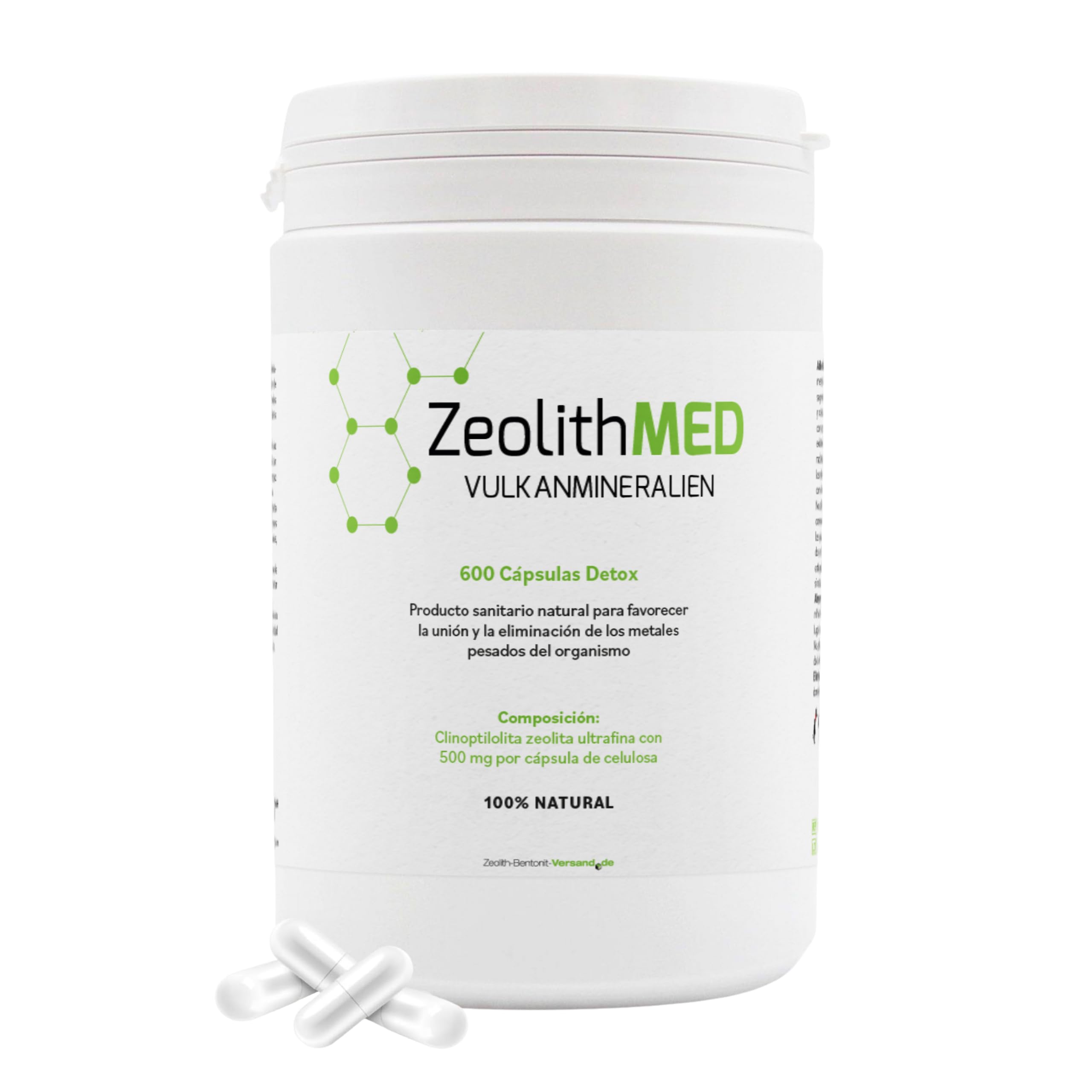 Zeolith MED 600 - Cápsulas de detox (producto medicinal con certificación CE) | Dispositivo médico natural, alta dosificación, altamente eficaz, ultrafino, 9 µm, calidad farmacéutica, 100% clinoptilolita