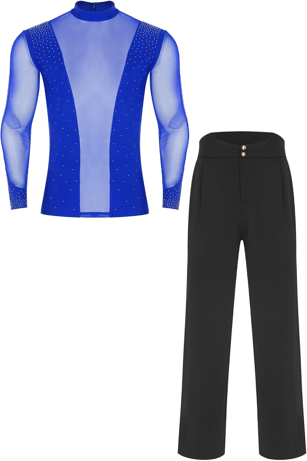 Men's Tango Samba Latin Ballroom Dance Outfits Mesh Long Sleeve Shirt with Straight Leg Pants