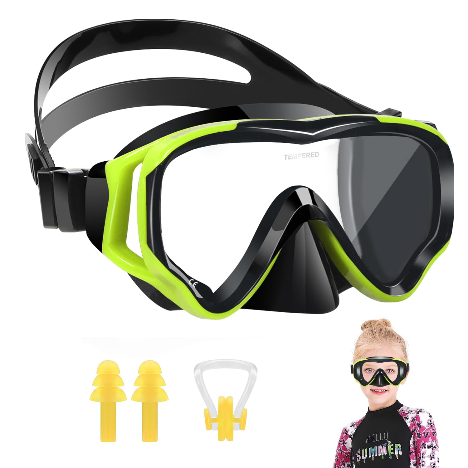 HIKOTEY Children's Diving Goggles(4-16 Years),180°Panoramic View Diving Mask With Tempered Glass Lenses,Anti-fog, Anti-leak Technology,Adjustable Silicone Strap,Includes Earplugs and Nose Clip(Yellow)