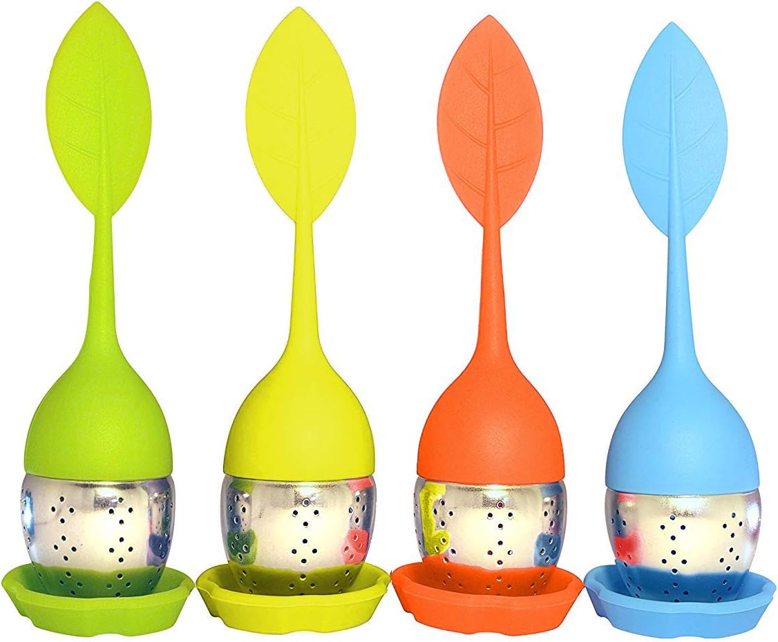 4 Pack Cozy Brew Loose Leaf Silicone Stainless Steel Tea Infuser Strainer Filter with Drip Tray Cup or Mug Size Stir Handle