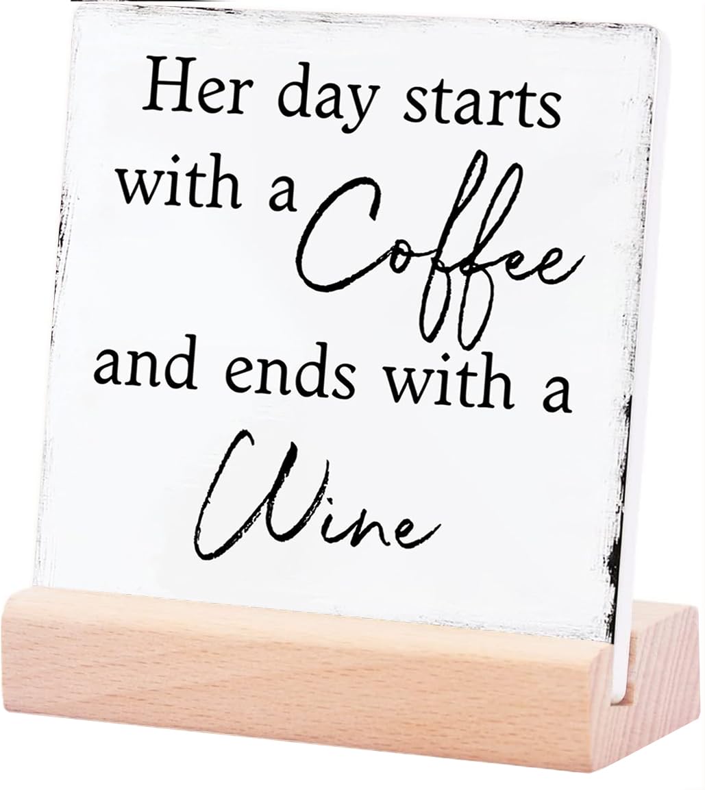 Coffee And Wine Sign - Coffee And Wine Bar Decor,Coffee And Wine Wood Plaque With Wooden Stand,Rustic Coffee Wine Kitchen Decor, Coffee And Car Bar Decor For Home Table Shelf, 5X5 4X4Inch