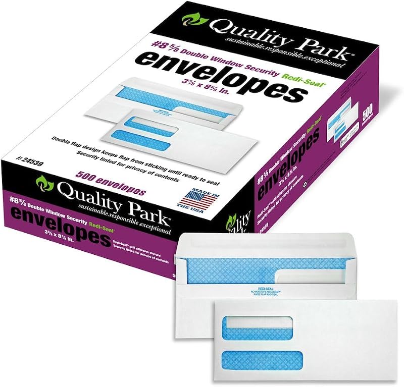 Quality Park #8 5/8 Security Envelopes, Double Window, Self Seal, Invoices/QuickBooks Statements, 3-5/8" x 8-5/8", 24 lb White, 500/Box (QUA24539)