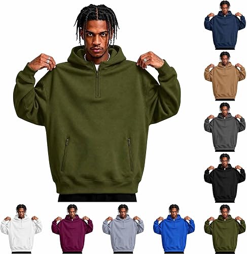 Mens Sweatshirt Hoodies for Men Quarter Zip Up Hoodie Oversized Sweatshirt 2026 Fall Winter Fashion Casual Daily Workout Pullover Outfits Army Green L
