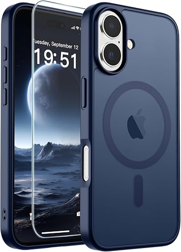 SUPFINE Magnetic for iPhone 17 Case with Screen Protector (Compatible with MagSafe)(Military Grade Drop Protection) Translucent Matte Phone Cover,Dark Blue