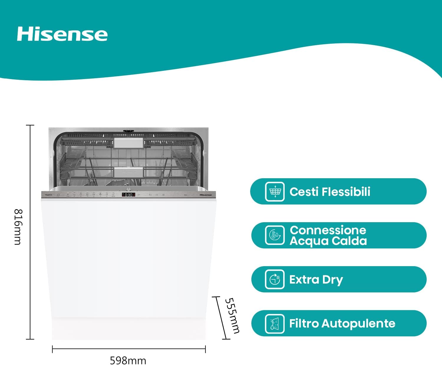 Diagram showing the Hisense HV693C60AD dishwasher with its dimensions: 816mm height, 598mm width, and 555mm depth.