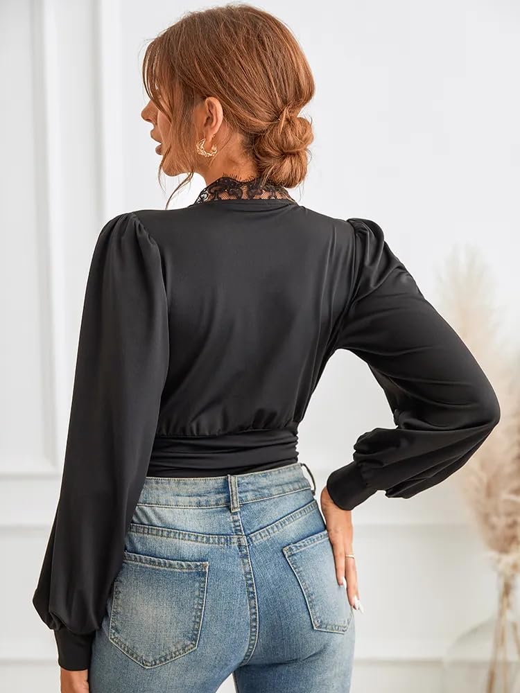 Body para mujer con mangas de encaje, body con cuello en V profundo, ribete de encaje, manga larga, elegante, parte superior de encaje con encaje sin espalda, camiseta de punto elegante, blusa