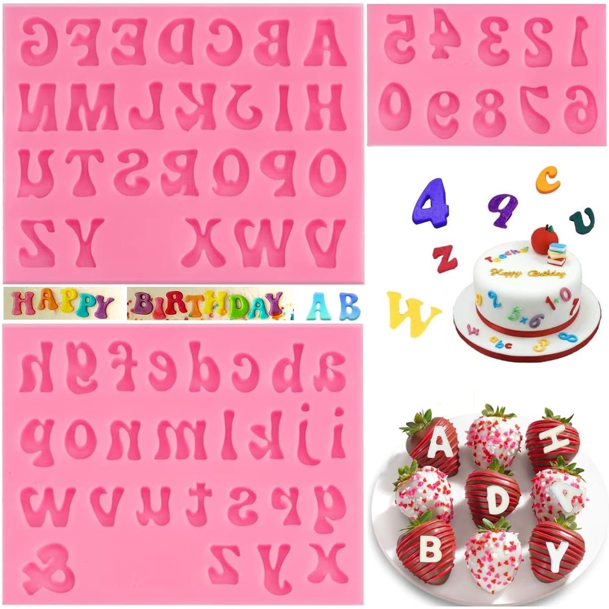 Letter Molds for Chocolate Covered Strawberries,6 Pcs Lowercase Uppercase Alphabet Number Silicone Mold Rose Flower Butterfly Fondant Molds for Cake Decorating Candy Gummy Cupcake