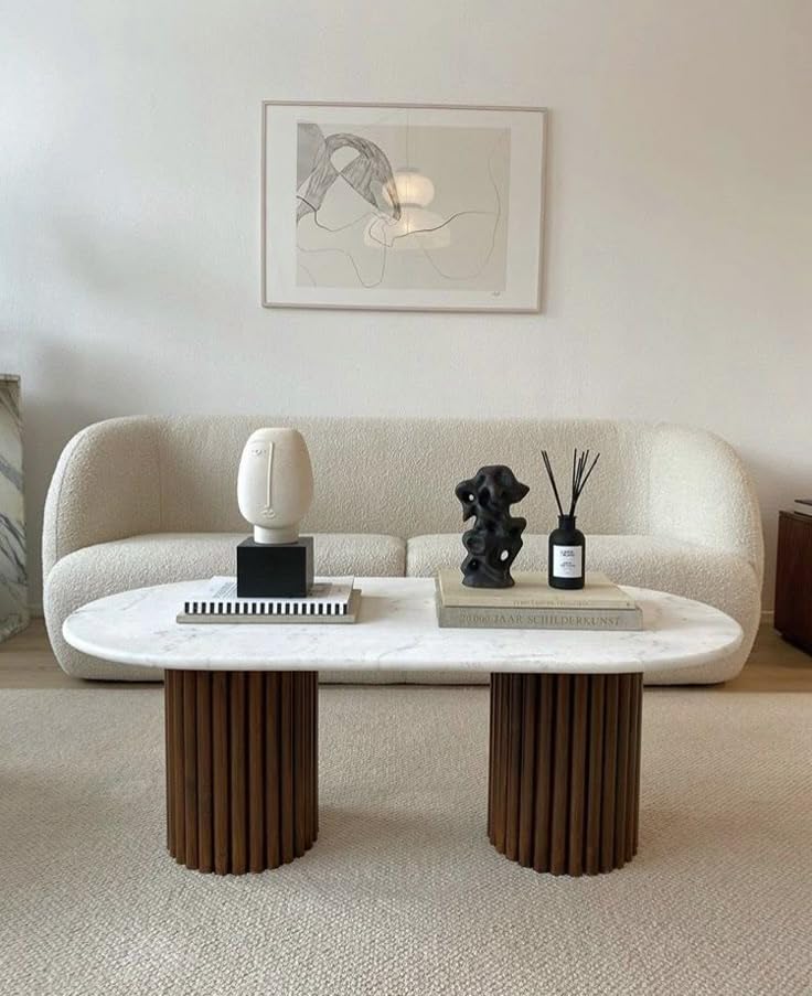 Image of WOODEN SPACE Siena Marble Top Center Table | Modern Oval Coffee Table with Fluted Wooden Base | Luxury Living Room Table