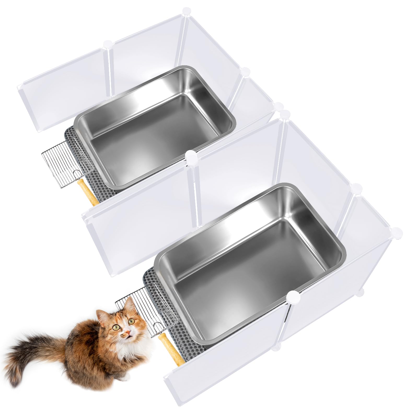 Stainless Steel Cats Litter Box Extra 13.5 x 19.5 x 6.1Large Giant Stainless Steel Cats Litter Box with 2 Cat Litter Scoop,2 Litter Splash Shield,2 Cat Litter Mat,Non Stick and Odor Control,Easy Clean