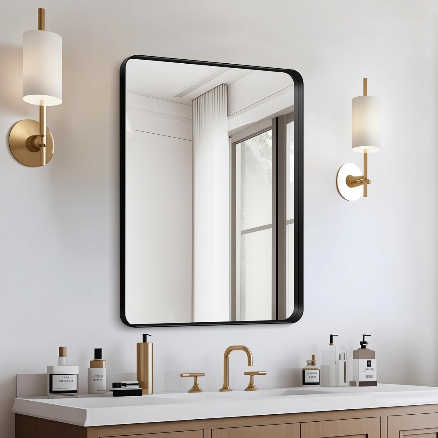 Kosmonia 20x16 Bathroom Vanity Mirror for Wall, Aluminum Framed, Farmhouse Rectangle, Anti-Rust, HD Reflection Anti-Desilvering, Distortion Free, Tempered and Shatter-Proof Wall Mounted Mirror, Black Framed Mirror-black 20"L x 16"W