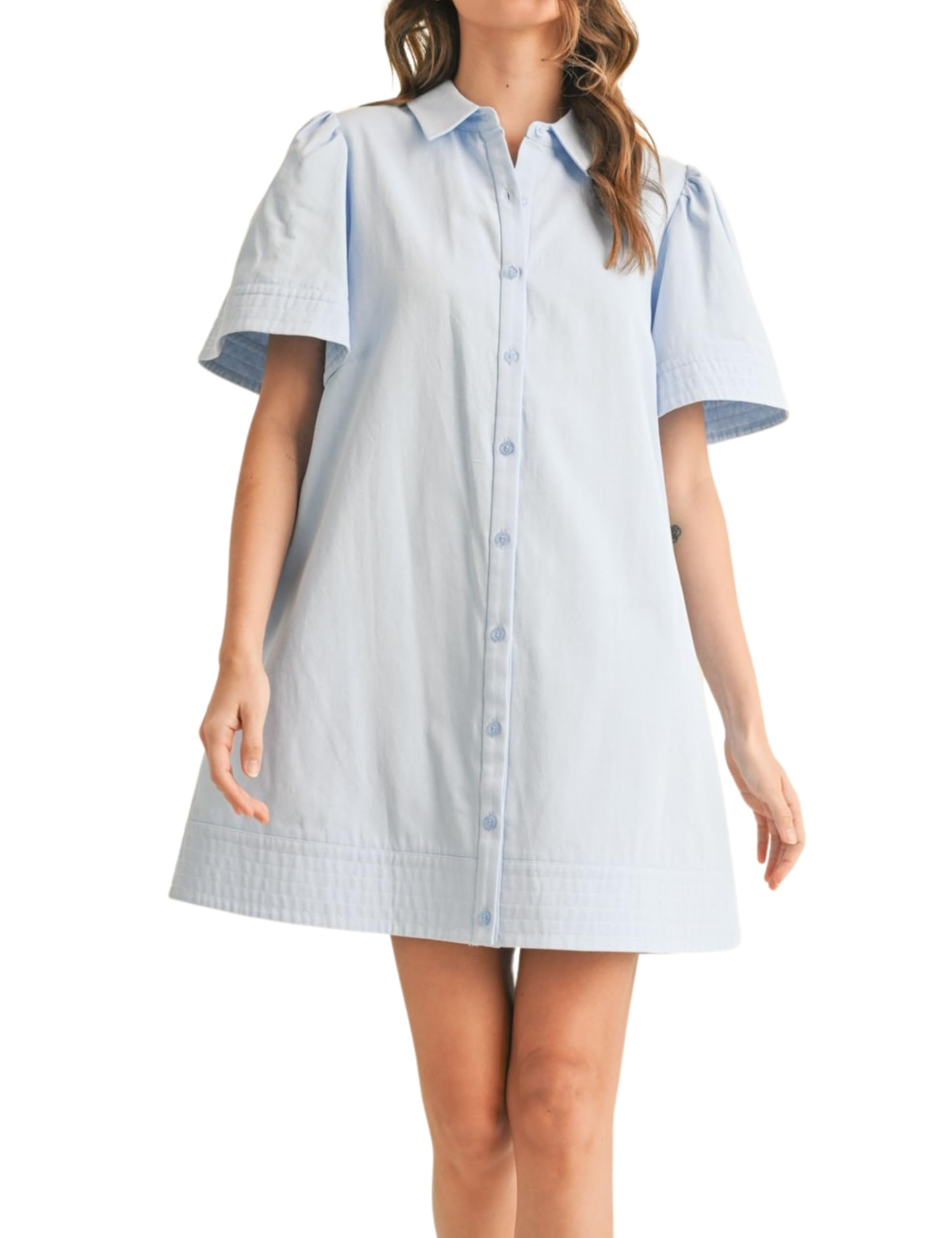 Meyhad Womens Short Sleeve Button Down Mini Shirt Dress Lapel Collar Short Dresses with Pocket