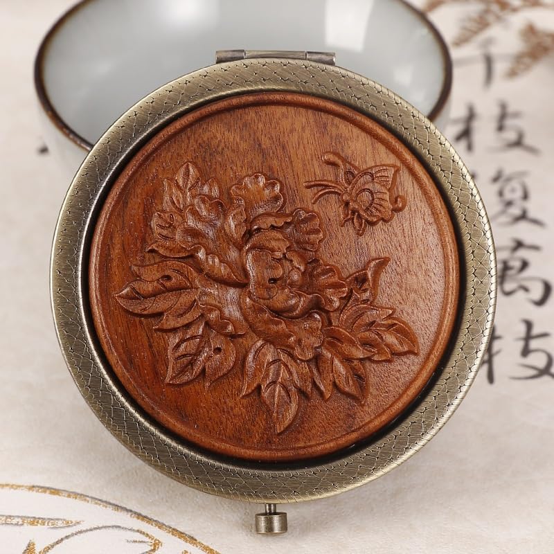 Miroir de poche en bois de palissandre élégant et rétro pour femme