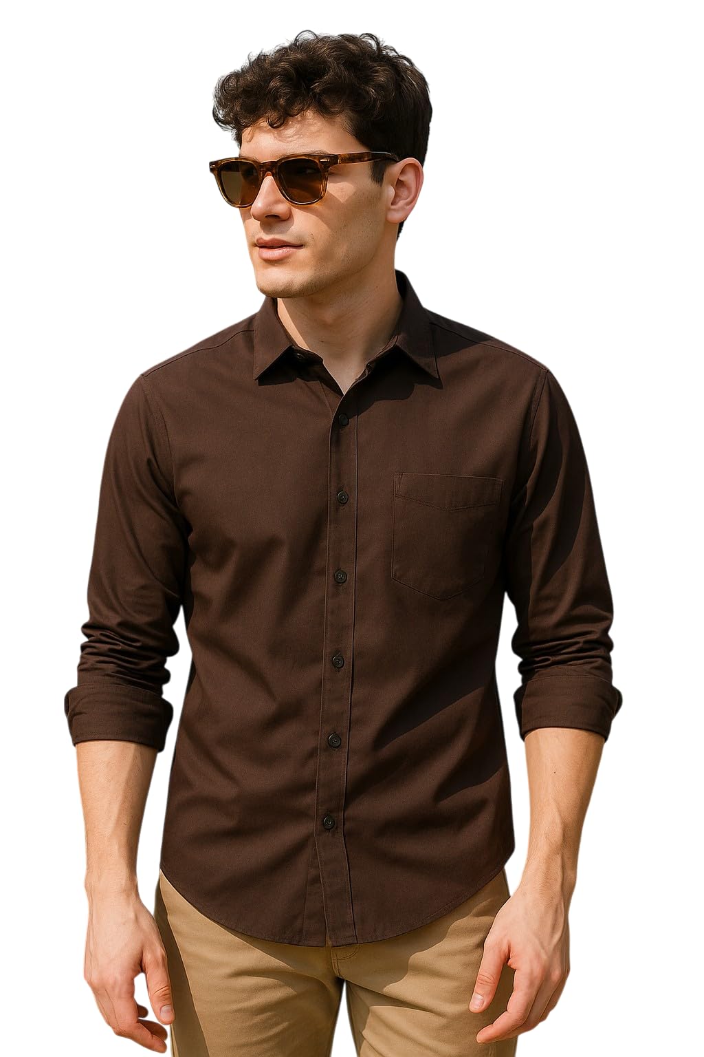 Men's Brown Slim Fit Casual Shirt | Cotton Blend Full Sleeve Solid Shirt, Office & Party Outfits-image-25