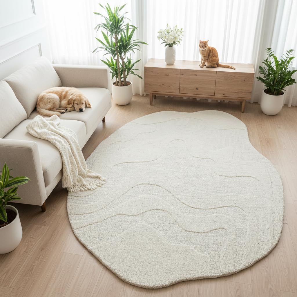 AVYAYRUGS Irregular Shape Hand Tufted Cream White 6x9 Wool Area Rug - Modern Abstract Handmade Carpet