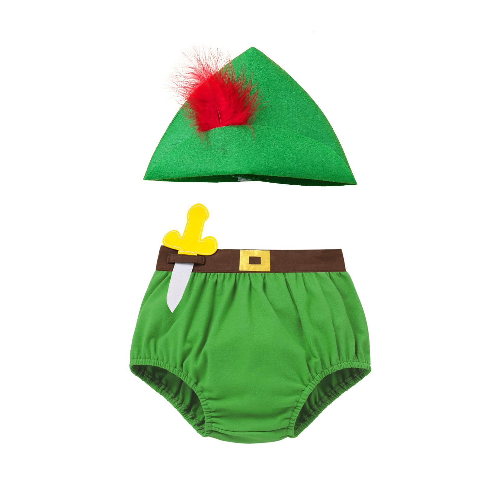 IMEKIS Baby Boys Green Halloween Costume Cosplay Hood Hat with Feather Diaper Cover Belt 1st Birthday Cake Smash Outfit Set