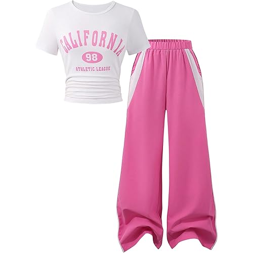Girl's 2 Piece Y2K Outfits Short Sleeve Letter Graphic Tees and Wide Leg Parachute Pants Sets