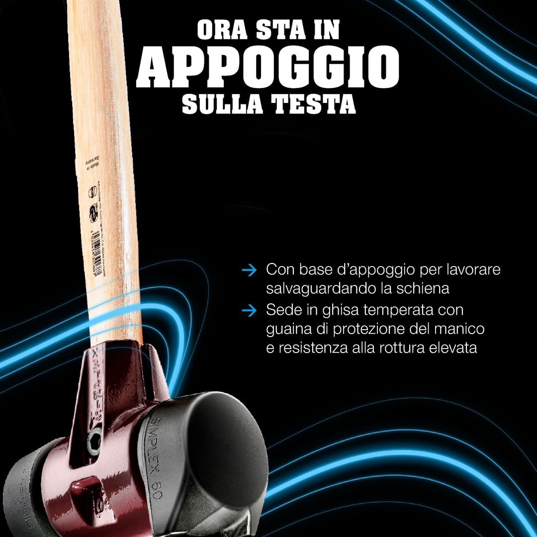SIMPLEX 3028.261 - Martello in gomma con piedistallo/nylon, con corpo in ghisa malleabile e manico in hickory, diametro 60 mm