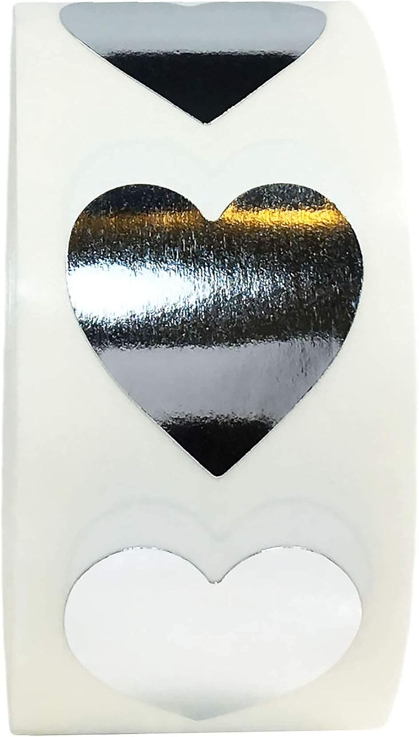 Metallic Silver Heart Stickers - 3/4 Inch Adhesive Labels, 500 Stickers Per Roll for Valentine's Day, Crafts, Gift Packaging, and DIY Decorations - Metallic Plastic Material - Made in the USA